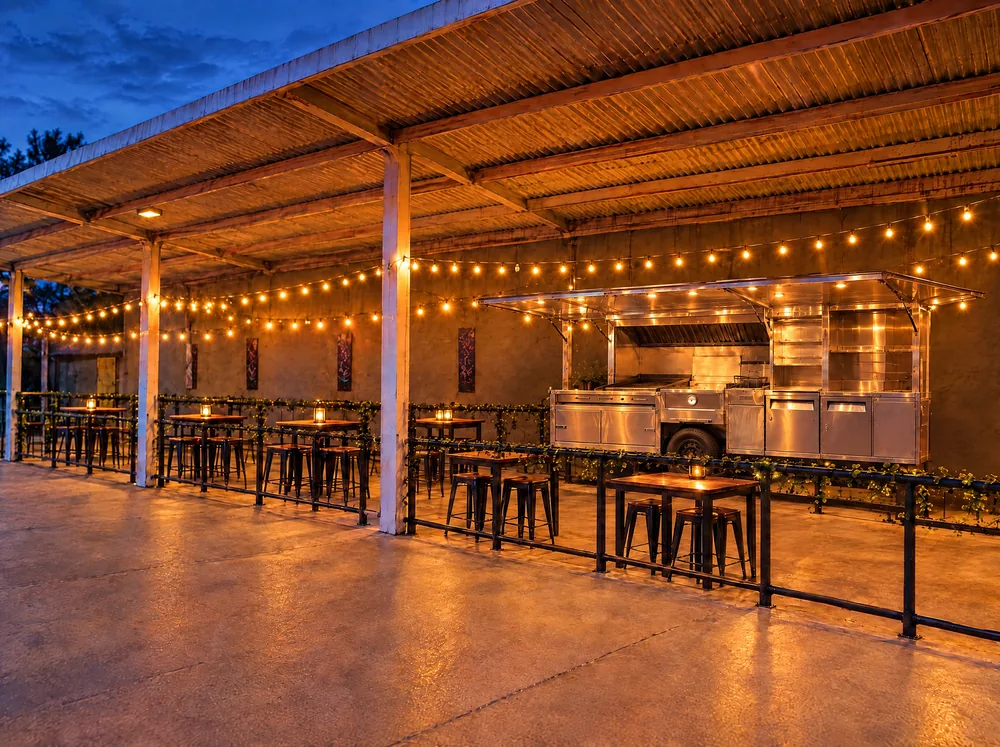 Evening visualization of our open stainless steel walkaround trailer and tables inside the fence beneath warm string lights.